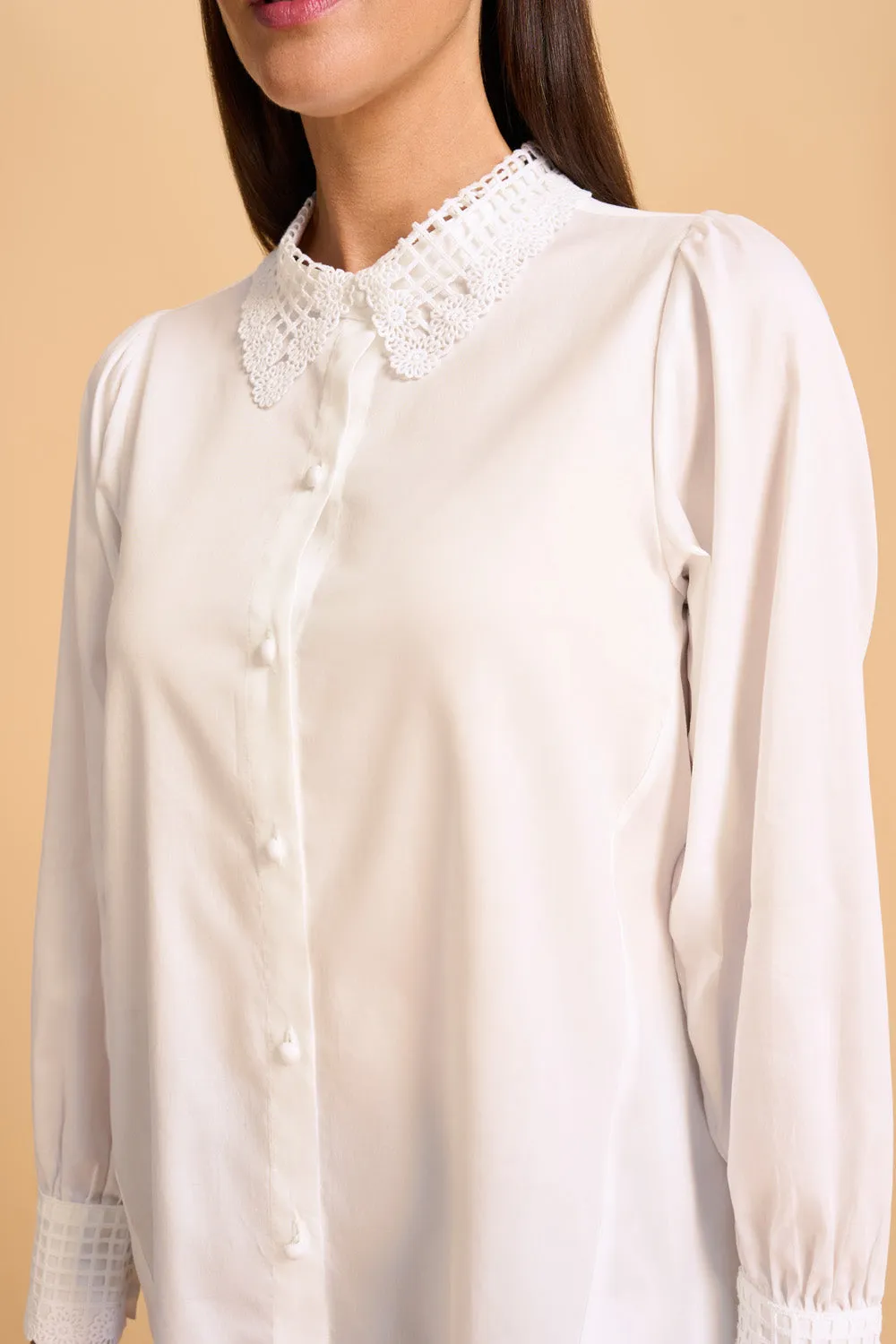 Lace Trim Cotton Shirt - White