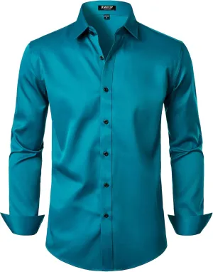Men's Stretch Wrinkle Free Dress Shirts Formal Wedding Prom Long Sleeve Slim Fit Button Down Shirt