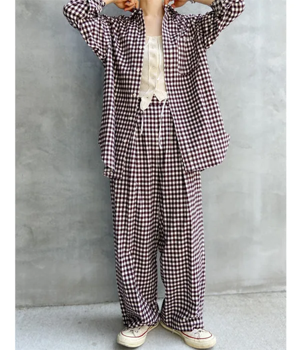 PHEENY/COTTON RAYON CHECK FLANNEL GATHERED PANTS(BURGUNDY)