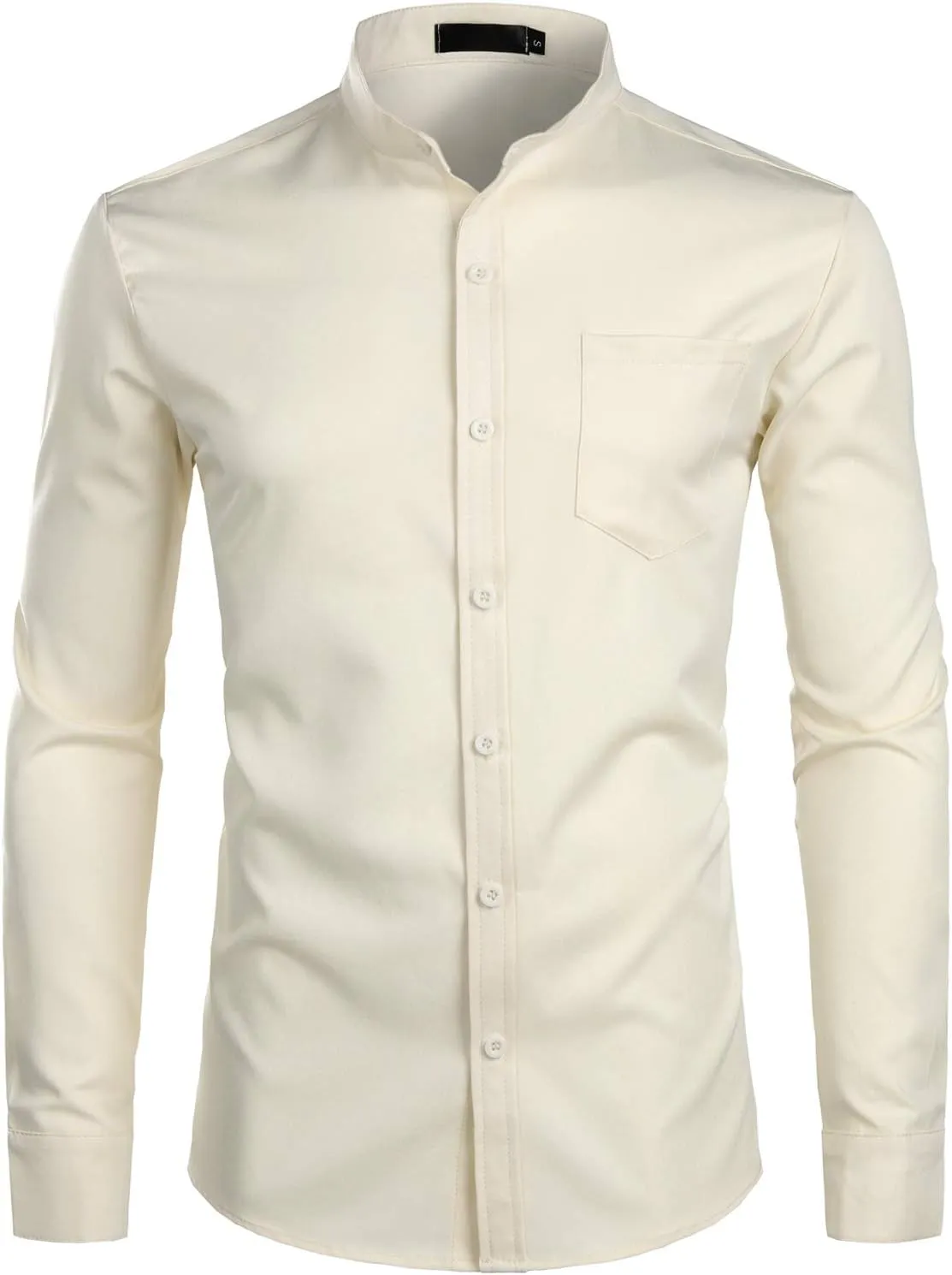 ZEROYAA Men's Banded Collar Slim Fit Long Sleeve Casual Button Down Dress Shirts with Pocket