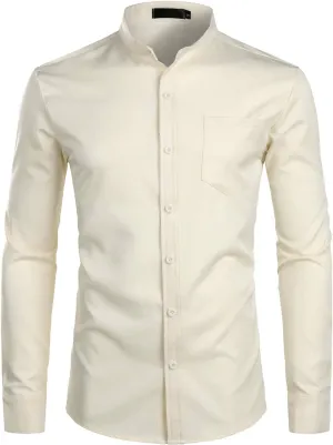 ZEROYAA Men's Banded Collar Slim Fit Long Sleeve Casual Button Down Dress Shirts with Pocket